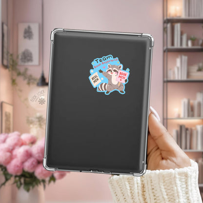 Team Book Boyfriend Raccoon Kindle sticker on desk, bookish decal