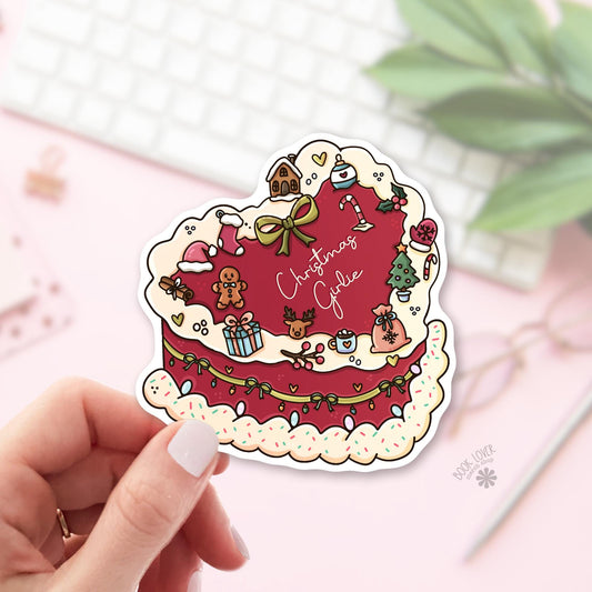Coquette Christmas Cake bookish sticker, vinyl die cut, girlie reader gift
