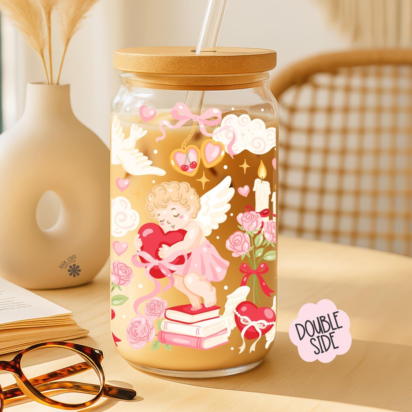Bookish Cupids 16 OZ Glass Can With Lid and Straw / Valentine Bookish Merch Stickers / Book Lover Gift / UV Dtf Libbey Wrap Transfert