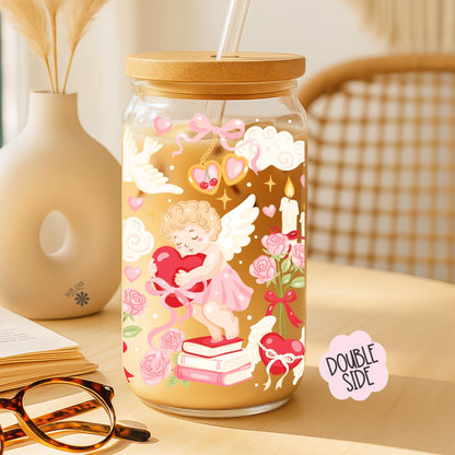 Bookish Cupids 16 OZ Glass Can With Lid and Straw / Valentine Bookish Merch Stickers / Book Lover Gift / UV Dtf Libbey Wrap Transfert