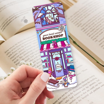 Winter Snowy Bookshop bookmark, double sided