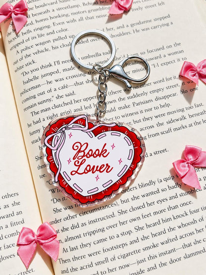 Book Lover Scalloped Heart acrylic keychain, bookish bag charm, view 2