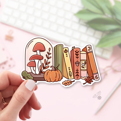 Mushroom bookshelf bookish sticker, vinyl die cut, readers who like a forest on the shelf gift