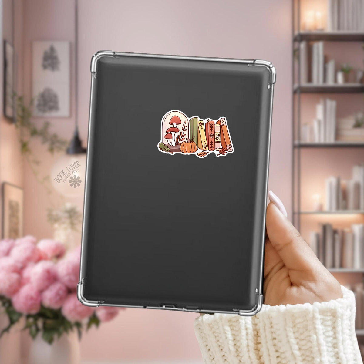 Mushroom bookshelf Kindle sticker on desk, bookish cottagecore decal