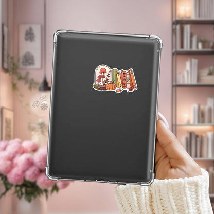 Mushroom bookshelf Kindle sticker on desk, bookish cottagecore decal