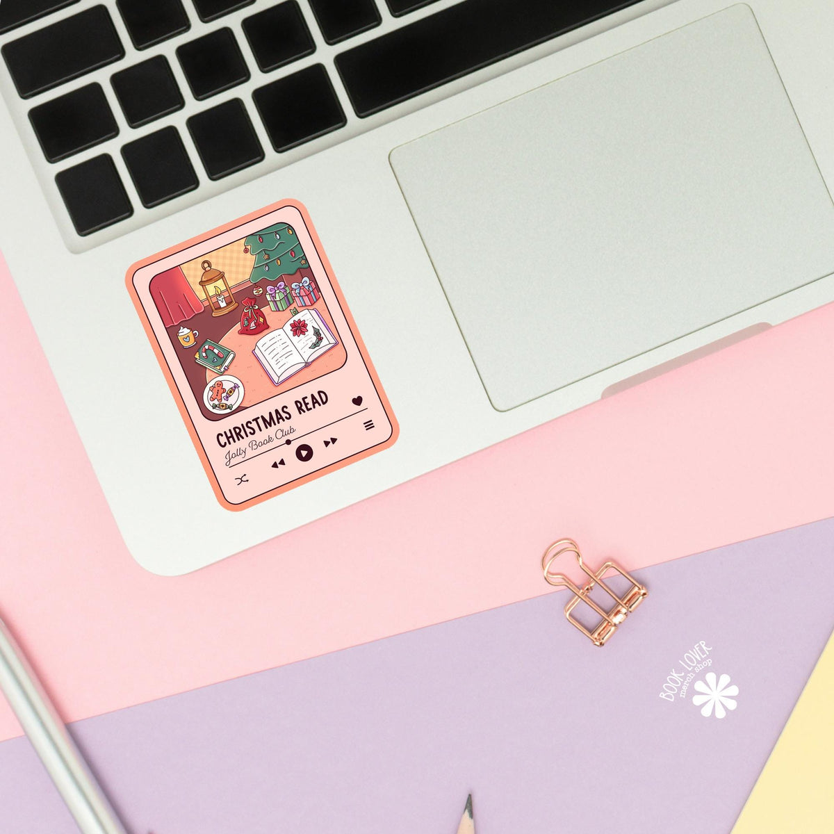 Christmas Book Club sticker close up, matte finish, book lover vinyl decal