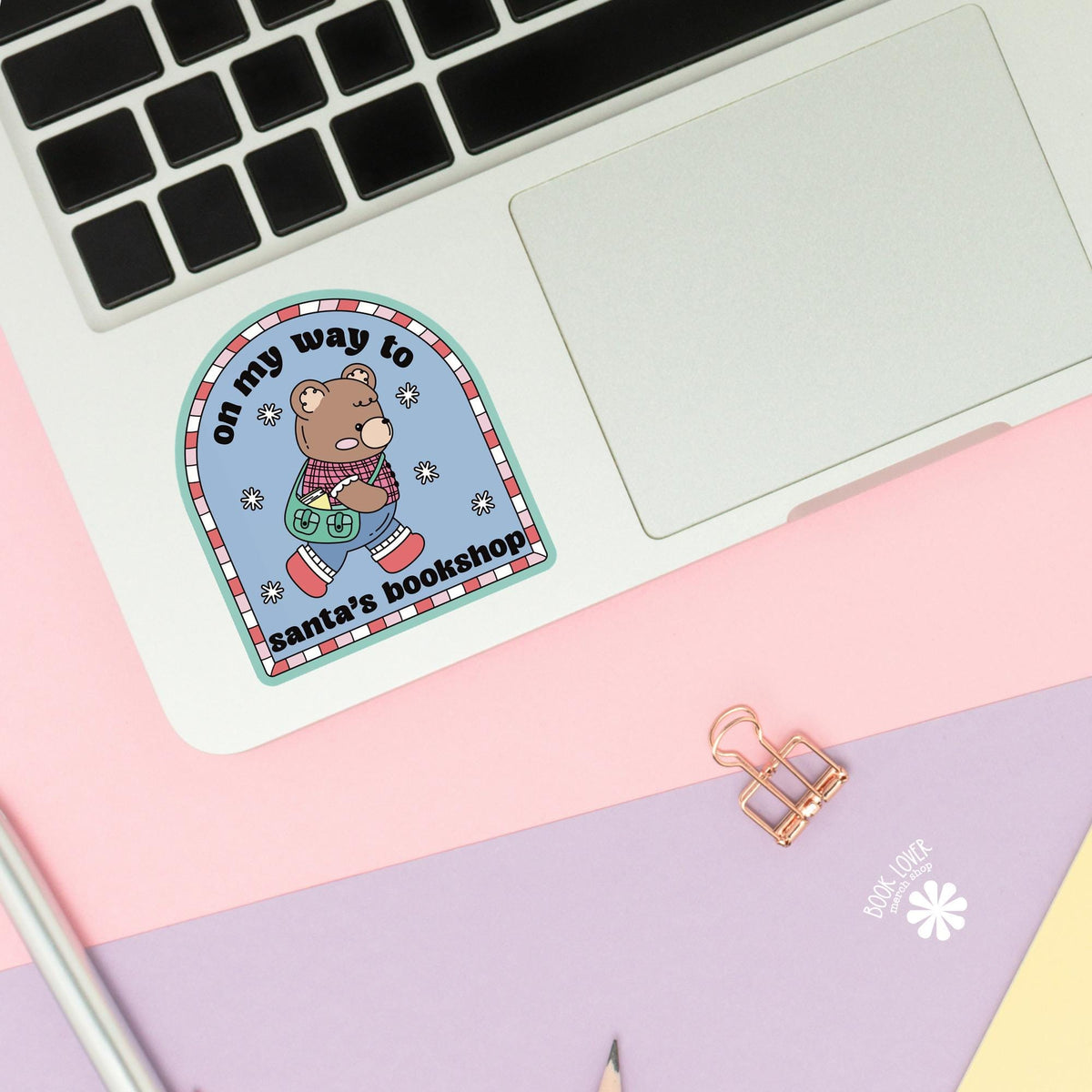 Santa Bookshop Bear sticker close up, matte finish, book lover vinyl decal