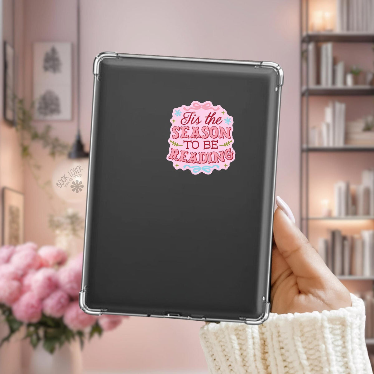 Tis The Season To Be Reading Kindle sticker on desk, bookish decal