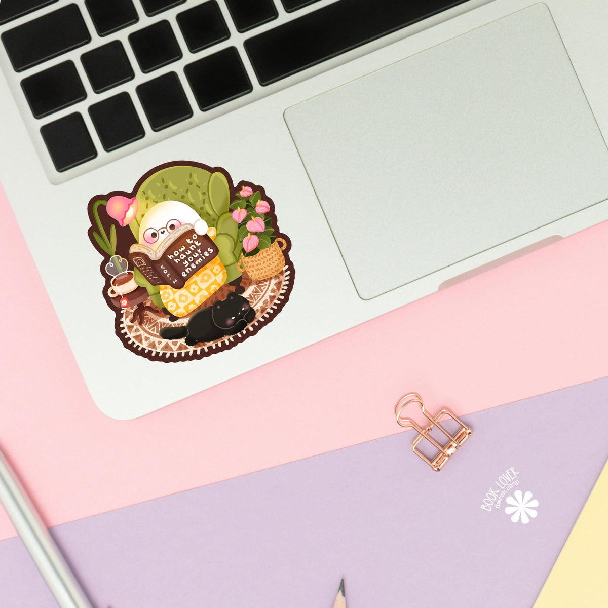 Ghost With Glasses sticker close up, matte finish, book lover vinyl decal