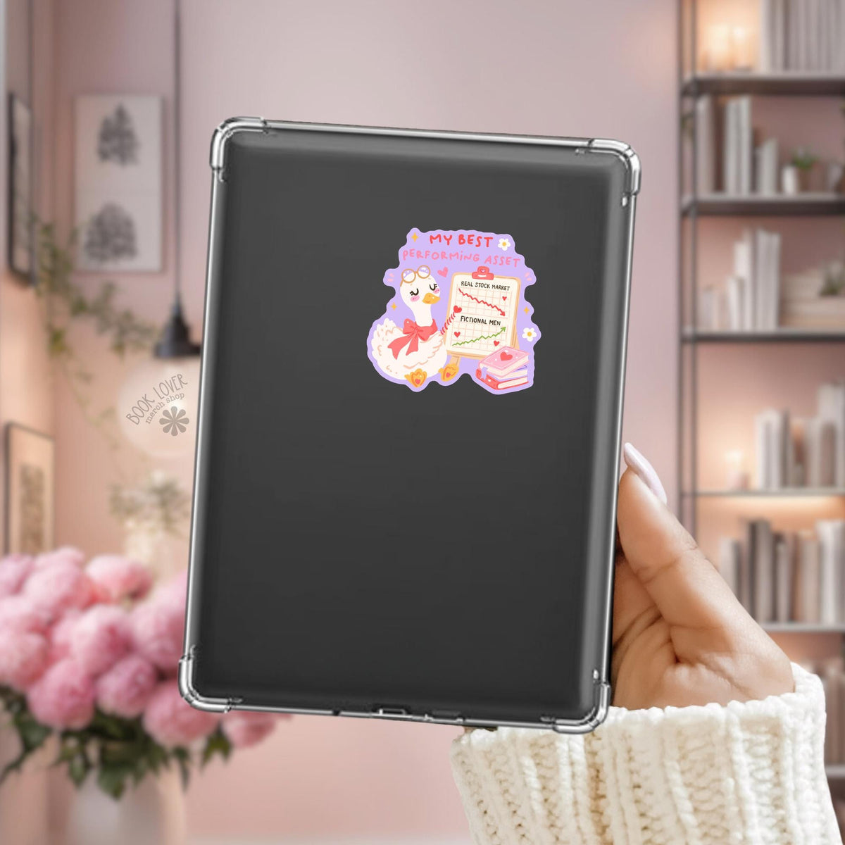 Goose With Glasses Kindle sticker on desk, bookish decal