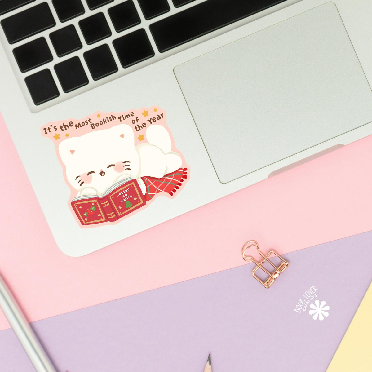 Pink Christmas Cat sticker close up, matte finish, book lover vinyl decal