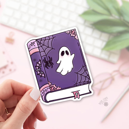 Spooky Book Sticker / Cute Halloween Bookish / Ghost Book Sticker / Spooky Reader Gift / Kawaii Halloween / Purple Spellbook / Kindle Decal