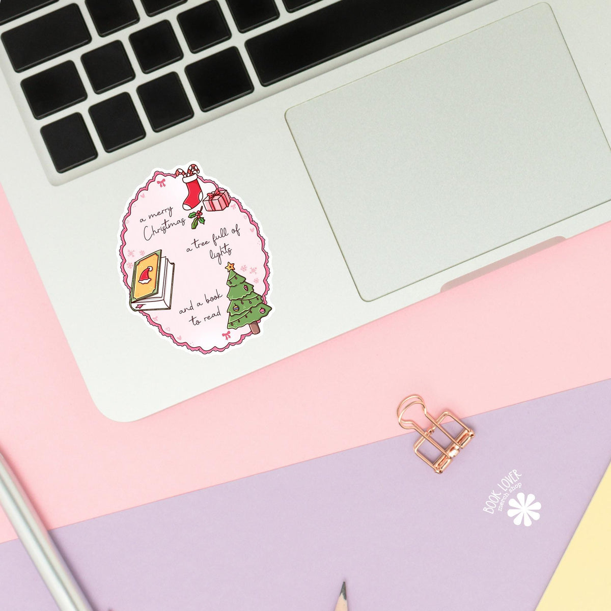 Merry Christmas book sticker close up, matte finish, book lover vinyl decal