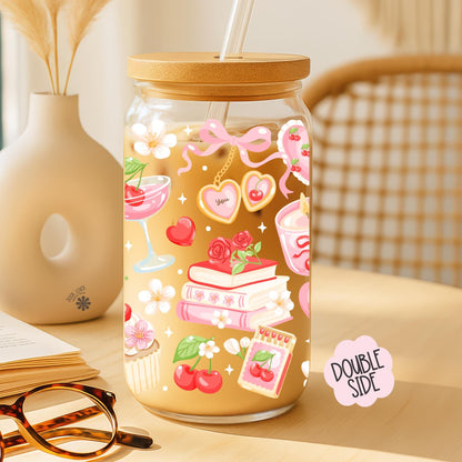 Bookish Valentine 16 OZ Glass Can With Lid and Straw / Romance Bookish Merch Stickers / Book Lover Gift / UV Dtf Libbey Wrap Transfert