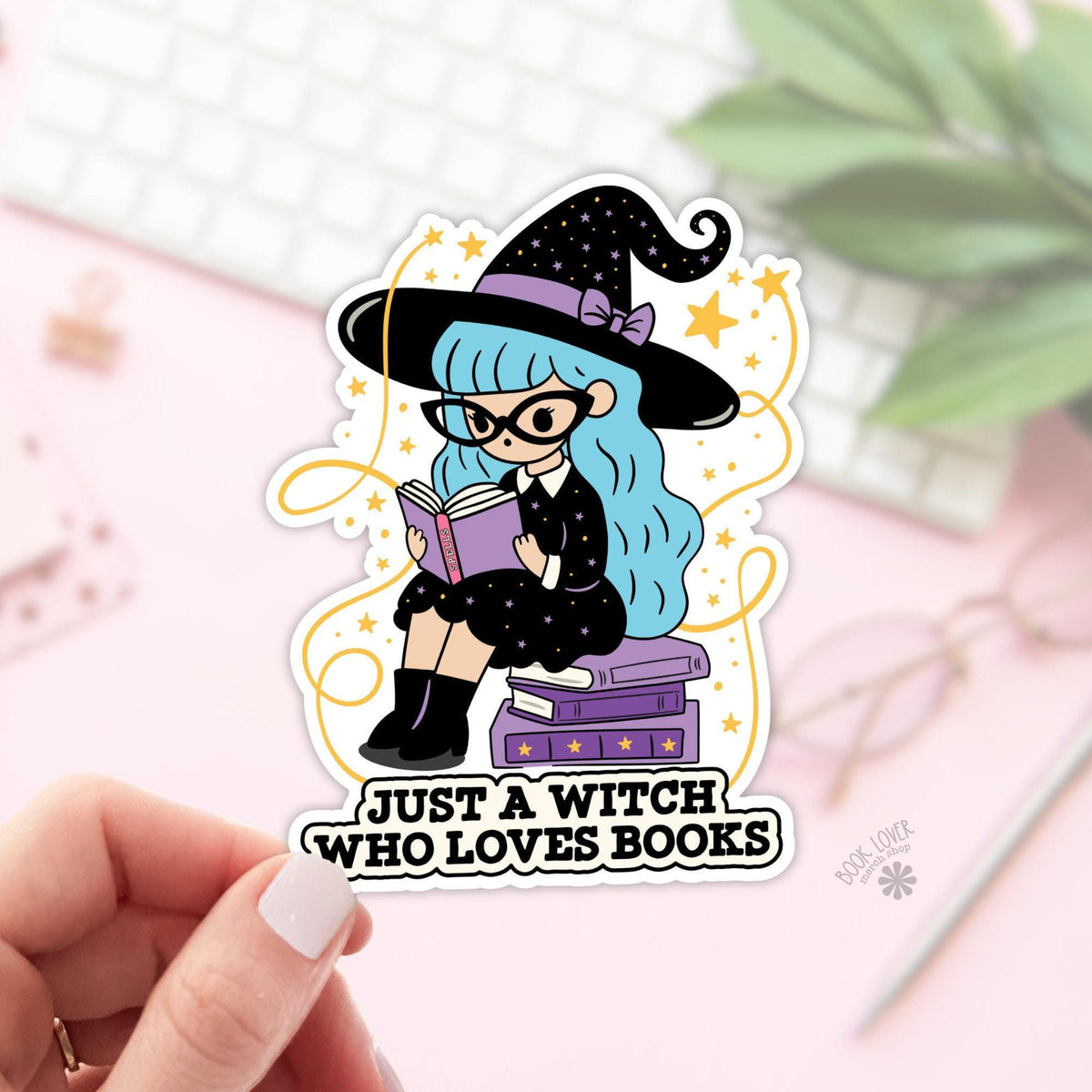 Just A witch who loves books bookish sticker, vinyl die cut, spooky reader gift