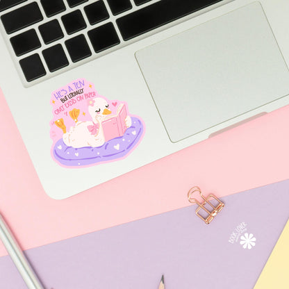 Pink Bow Duck sticker close up, matte finish, book lover vinyl decal
