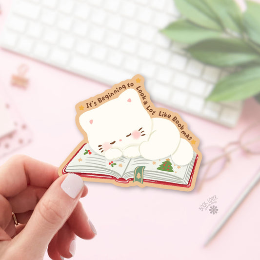 Snoozing Cat Red Book bookish sticker, vinyl die cut, cat lover reader gift