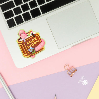 Bookworm sticker close up, matte finish, book lover vinyl decal