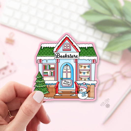 Snowy Holiday Bookstore bookish sticker, vinyl die cut, christmas reader gift