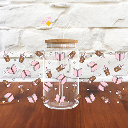 Coffee and Books 16 OZ Glass Can With Lid and Straw / Bookish Mug / Book Lover Gift / Bookish Merch / UV Dtf Libbey Wrap Transfert