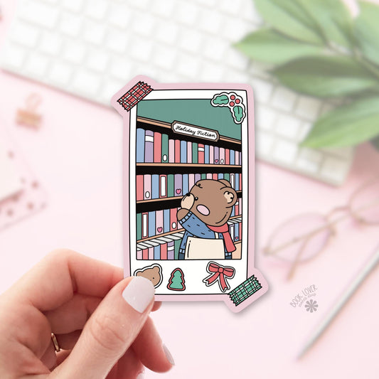 Holiday Library Bear bookish sticker, vinyl die cut, christmas reader gift