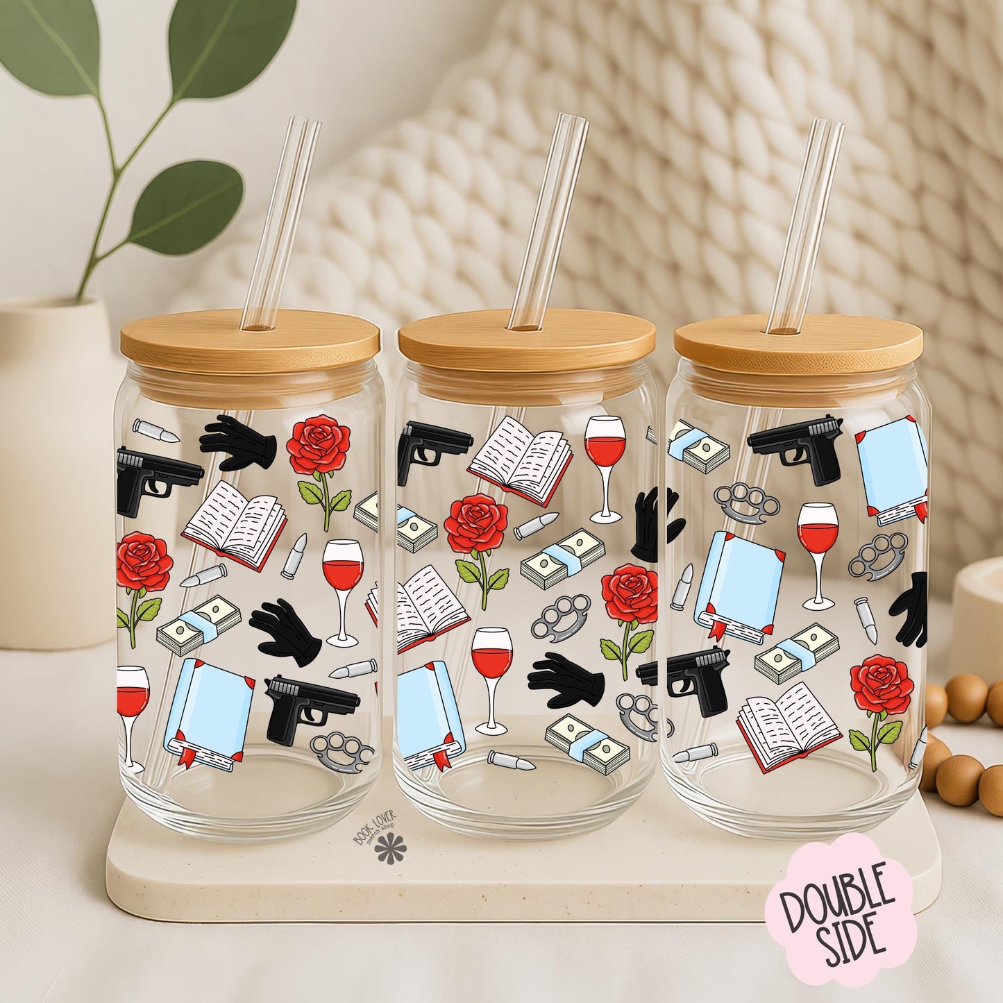 Mafia 16 OZ Glass Can With Lid and Straw / Bookish Mug / Book Lover Gift / Bookish Merch Stickers / UV Dtf Libbey Wrap Transfert