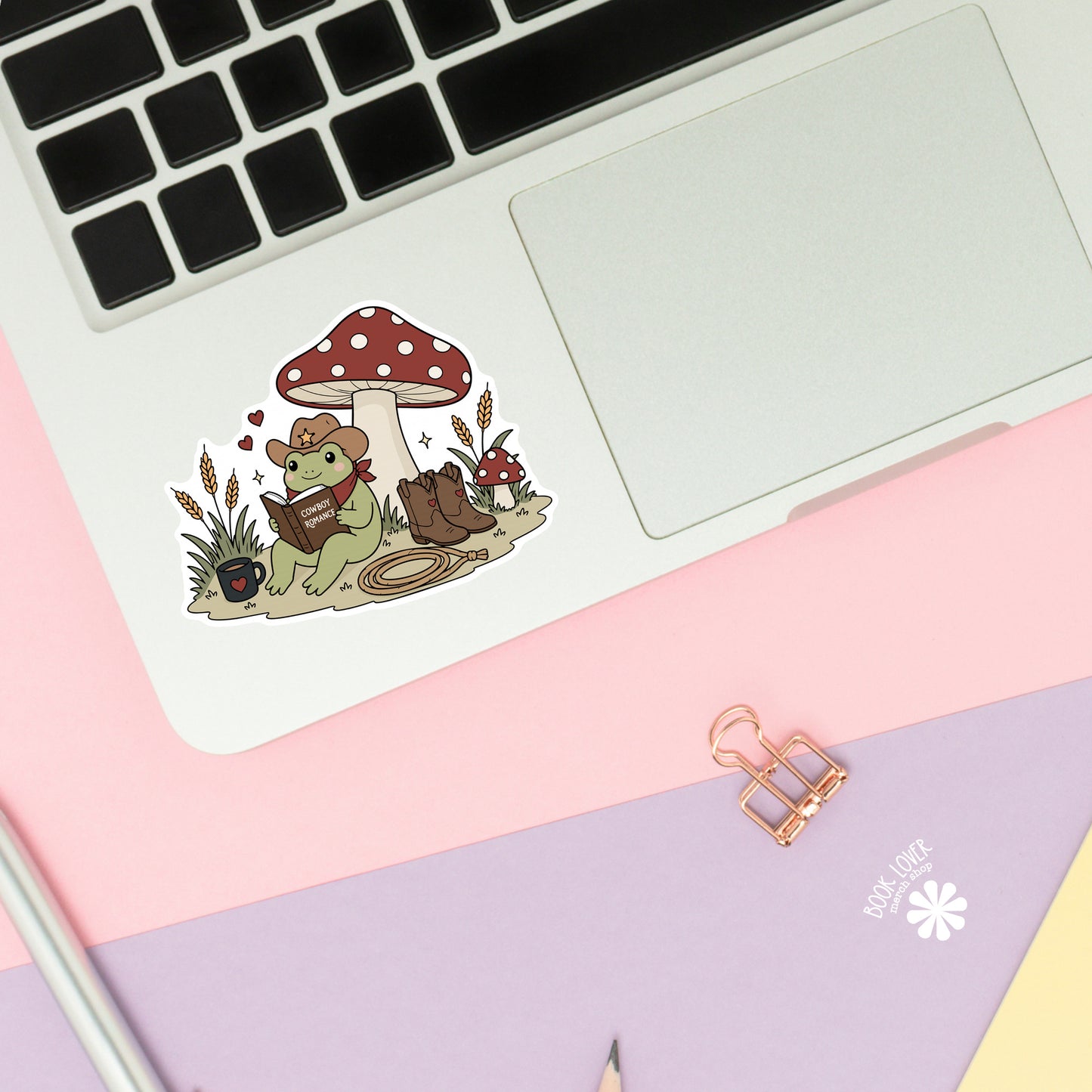 Cowboy Romance Frog sticker close-up - matte finish - book lover vinyl decal