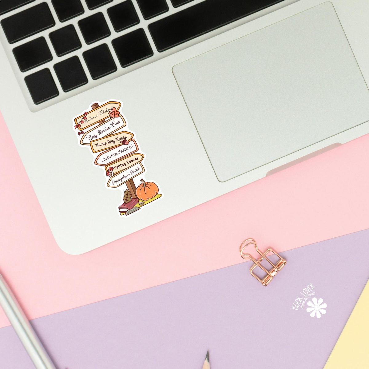 Autumn signpost sticker close up, matte finish, book lover vinyl decal
