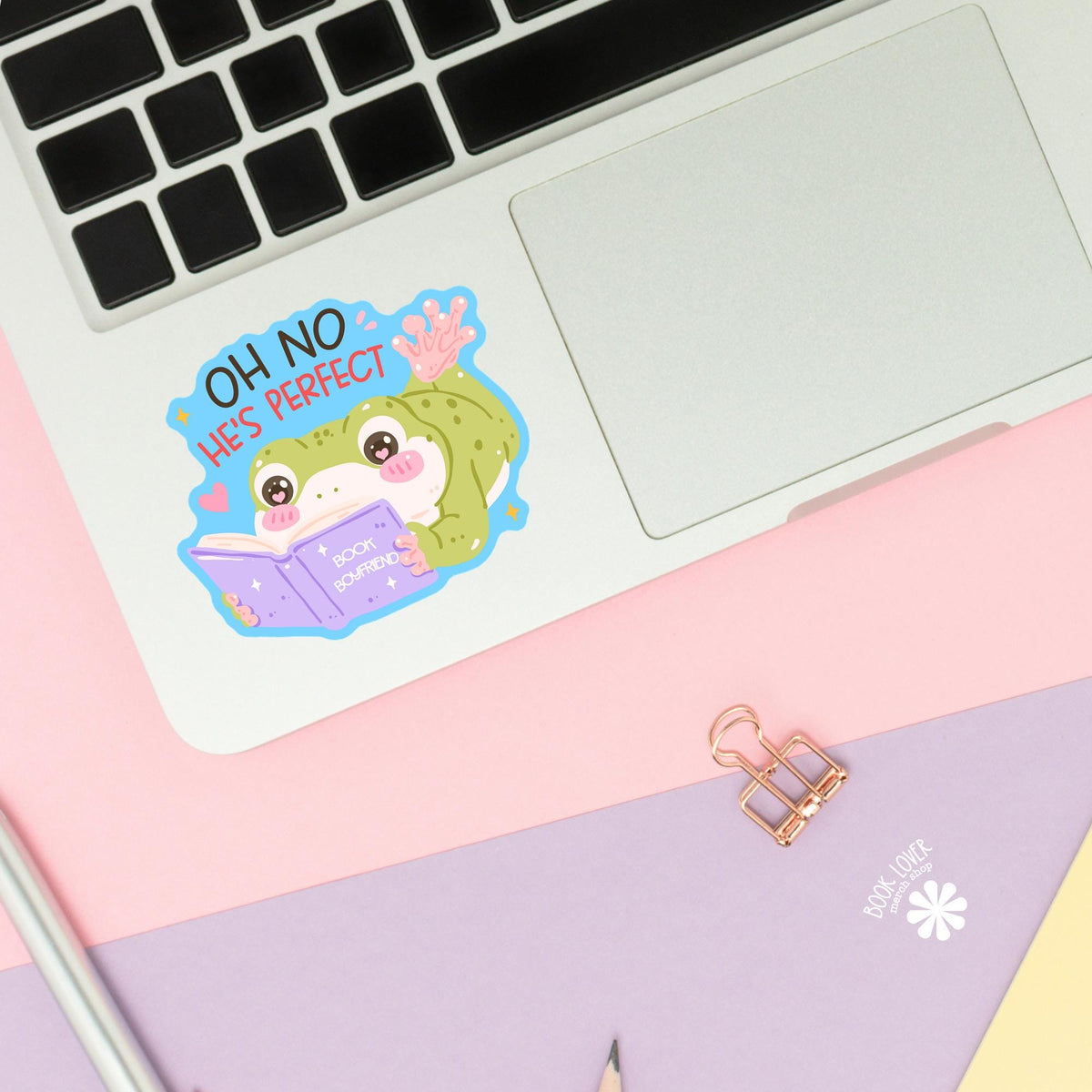 Swooning Frog sticker close up, matte finish, book lover vinyl decal