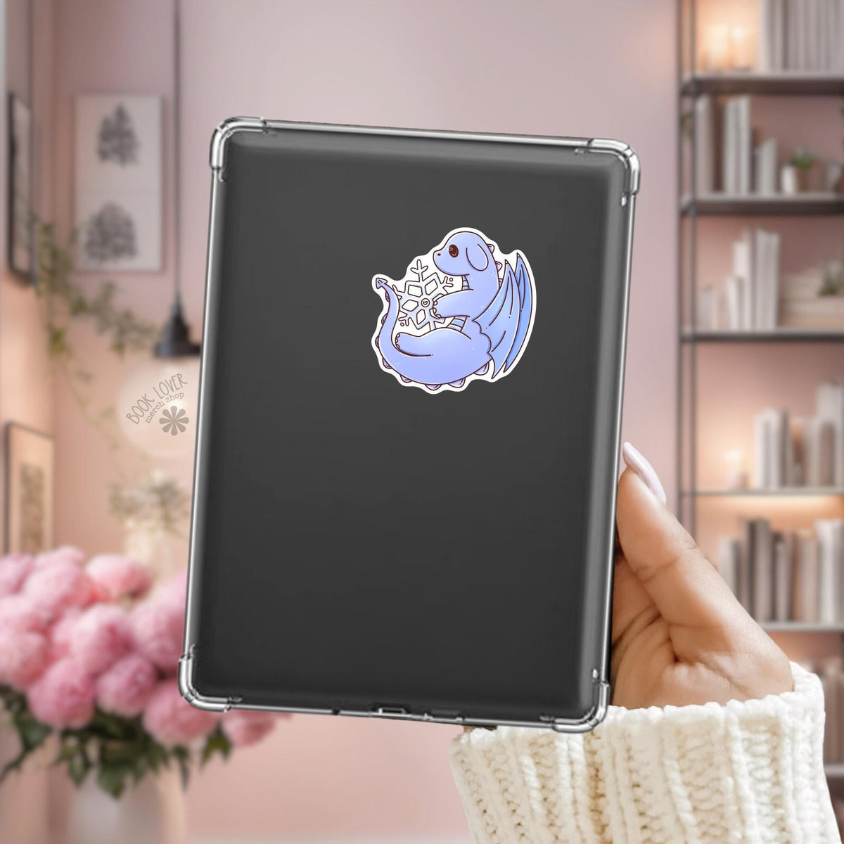 Snowflake Dragon Kindle sticker on desk, bookish decal