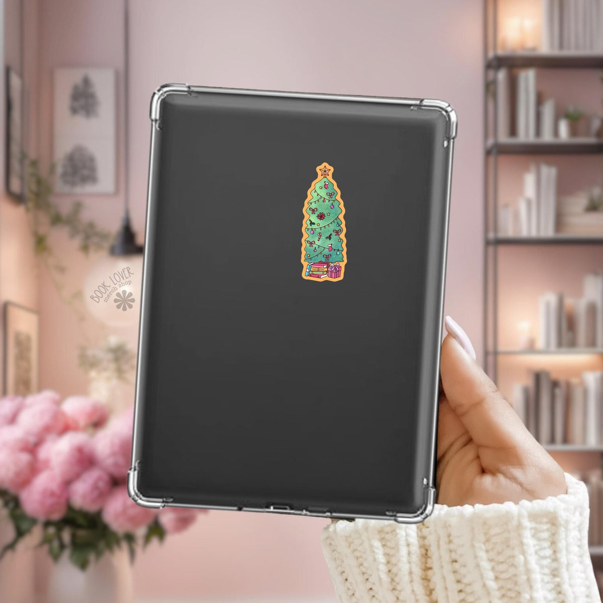 Evergreen Christmas Tree Art Kindle sticker on desk, bookish decal