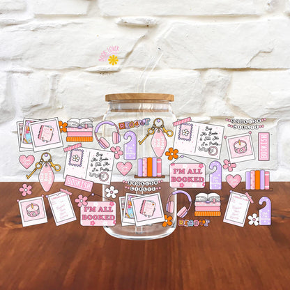 Mood Board 16 OZ Glass Can With Lid and Straw / Bookish Girlie Mug / Book Lover Gift / Bookish Merch Stickers / UV Dtf Libbey Wrap Transfert