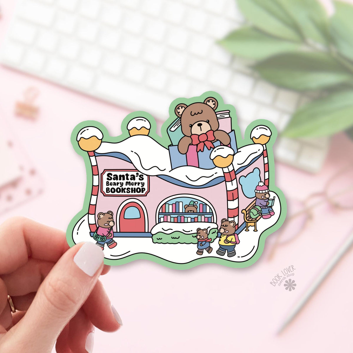 Santa Bookshop Village bookish sticker, vinyl die cut, christmas reader gift