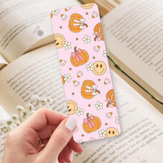 Coquette Pumpkin Smiley bookmark, double sided page marker, cute autumn gift