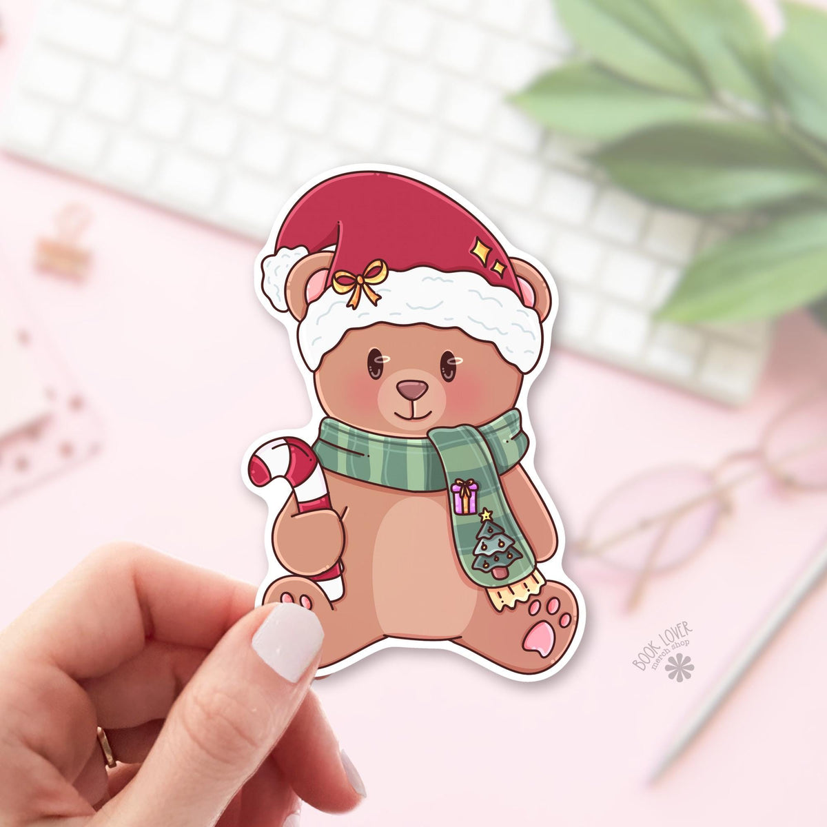 Teddy Bear Christmas bookish sticker, vinyl die cut, christmas reader gift