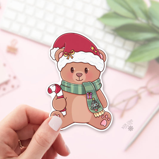 Teddy Bear Christmas bookish sticker, vinyl die cut, christmas reader gift