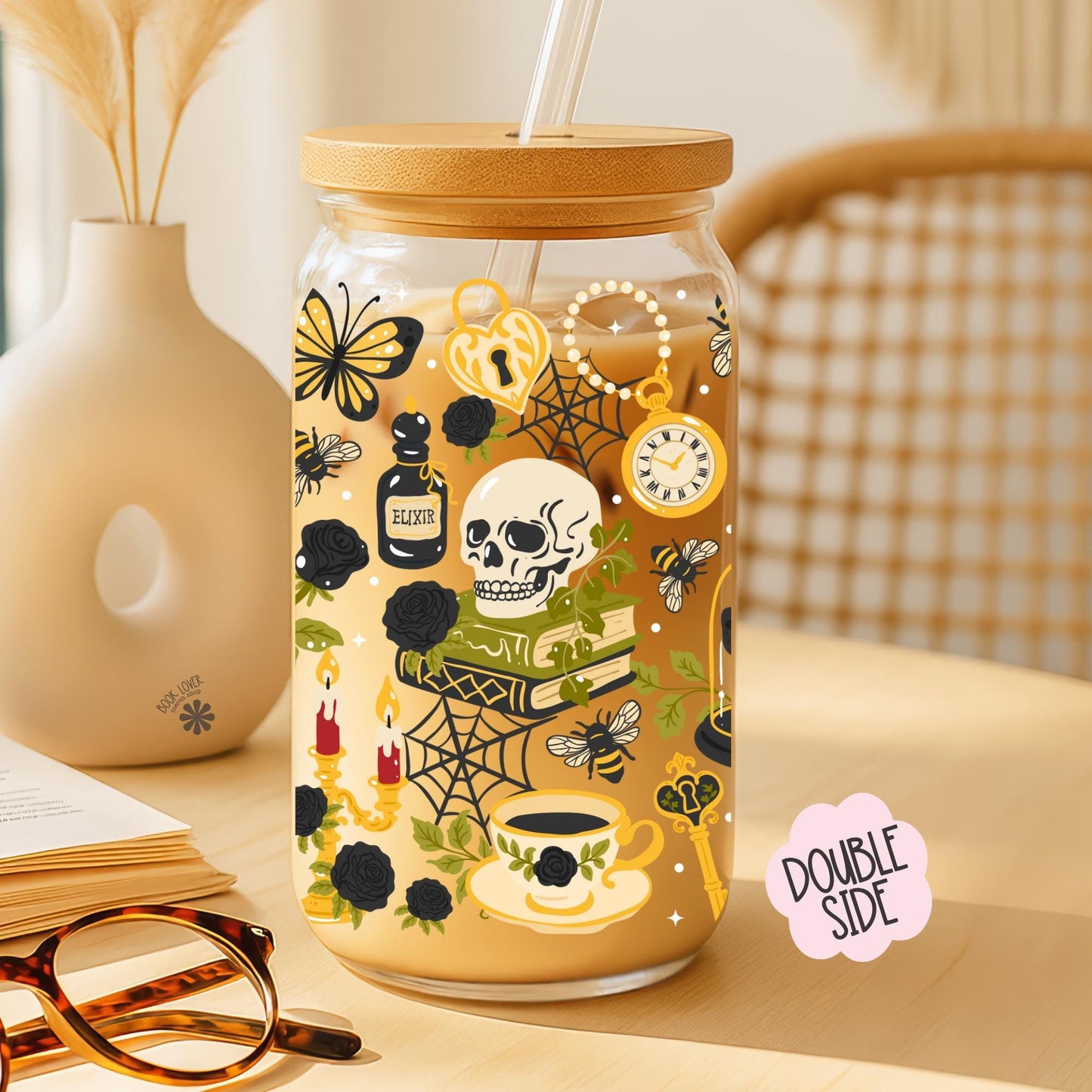 Dark Academia 16 OZ Glass Can With Lid and Straw / Bookish Mug / Book Lover Gift / Bookish Merch Stickers / UV Dtf Libbey Wrap Transfert