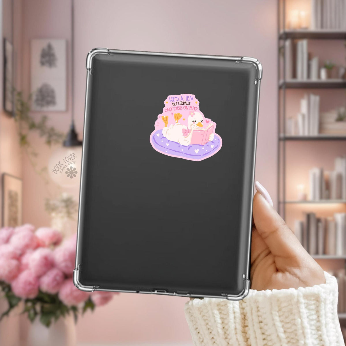 Pink Bow Duck Kindle sticker on desk, bookish decal