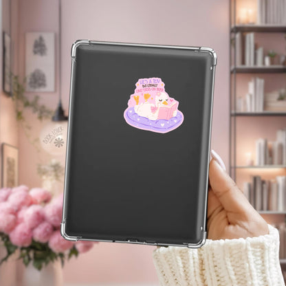 Pink Bow Duck Kindle sticker on desk, bookish decal