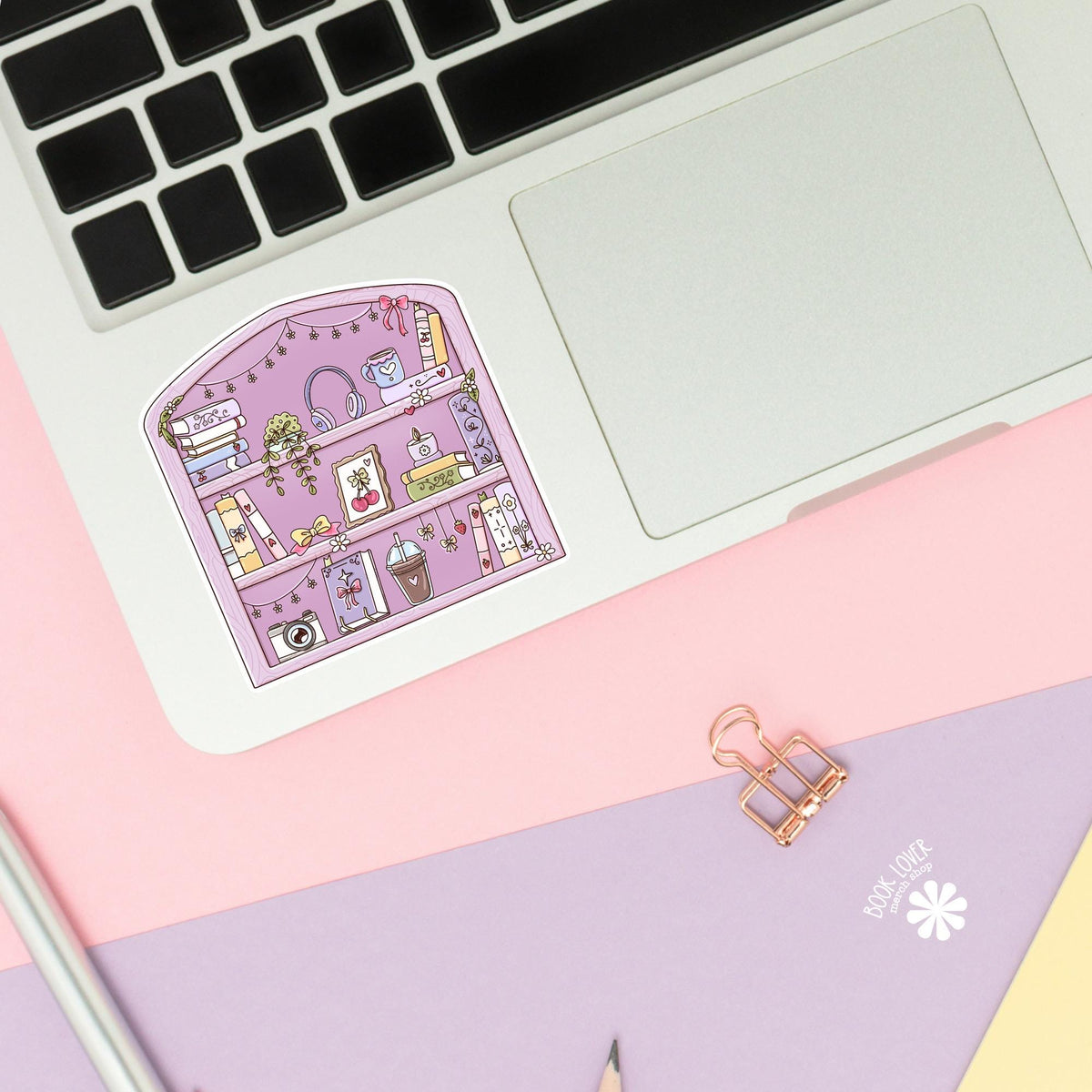 Pink Reading Nook sticker close up, matte finish, book lover vinyl decal