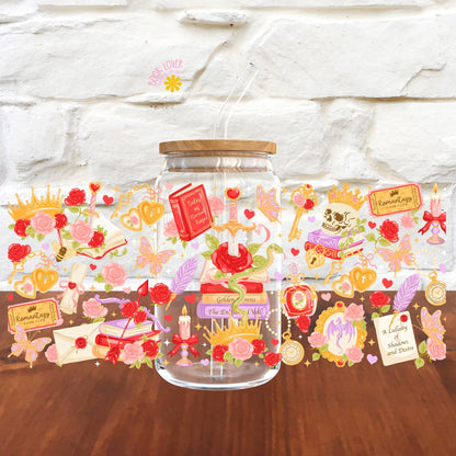 Romantasy Book Club 16 OZ Glass Can With Lid and Straw / Mug / Book Lover Gift / Bookish Merch Stickers / UV Dtf Libbey Wrap Transfert
