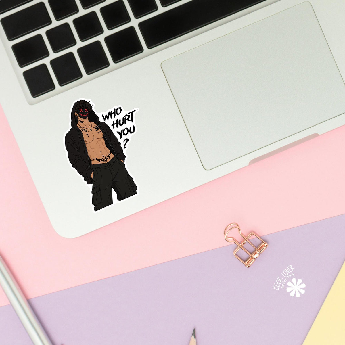 Who Hurt You Masked Man sticker close up, matte finish, book lover vinyl decal