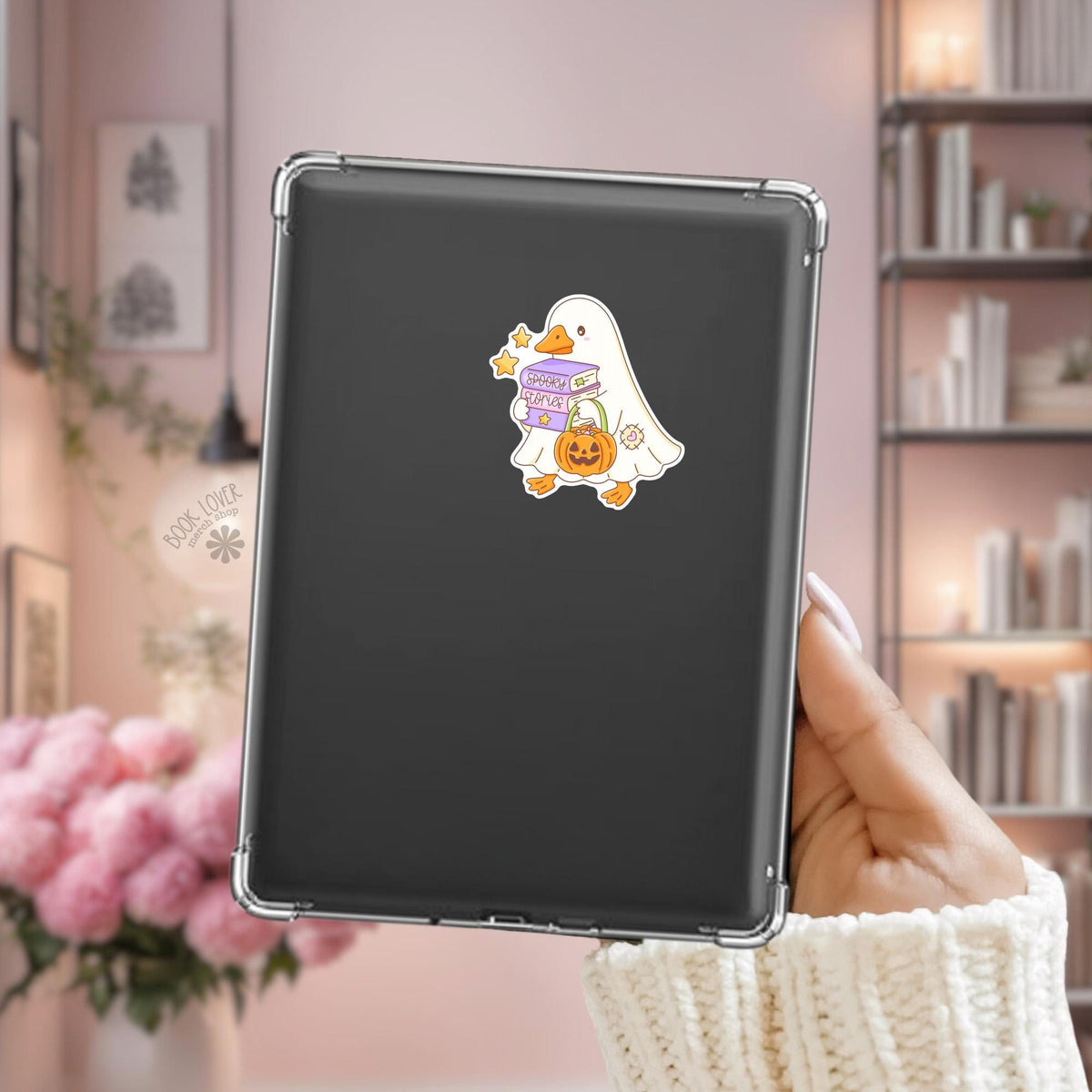 Ghost Goose Halloween Kindle sticker on desk, bookish decal