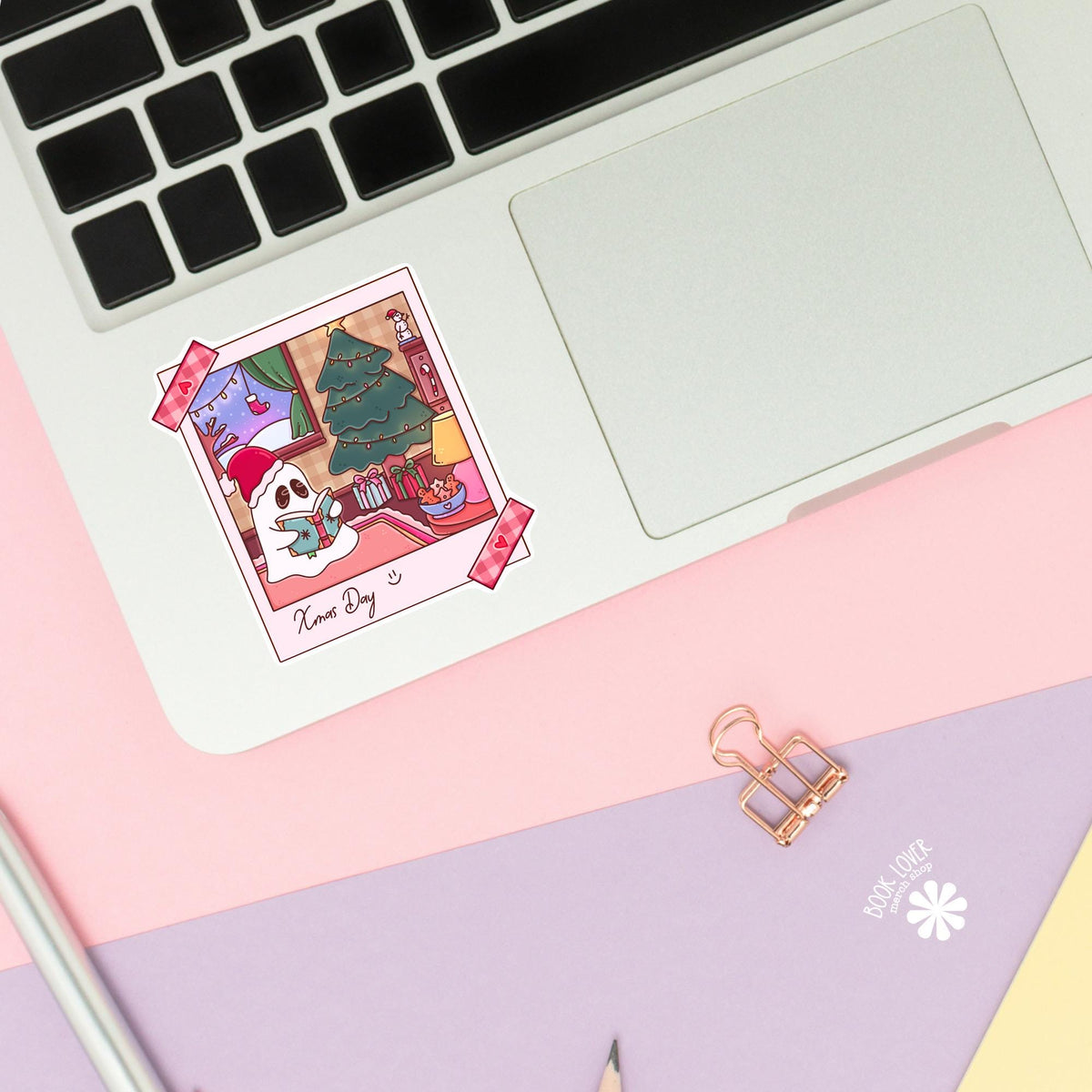 Christmas Ghost sticker close up, matte finish, book lover vinyl decal
