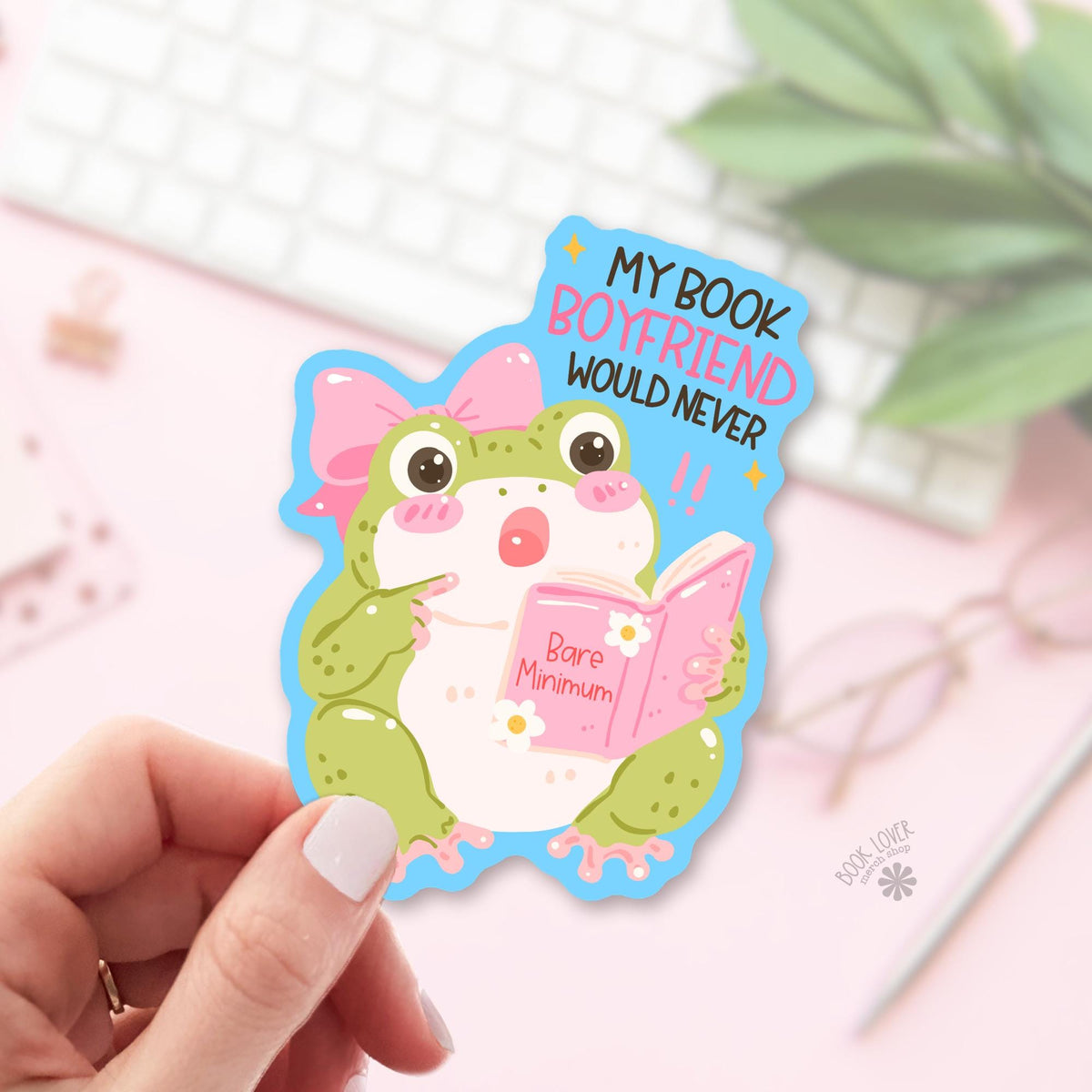 Funny Frog bookish sticker, vinyl die cut, Romance Reader gift
