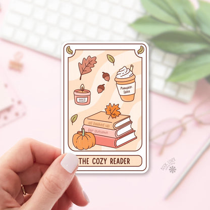 Cozy reader tarot card bookish sticker, vinyl die cut, cozy readers who love a little witchy autumn gift