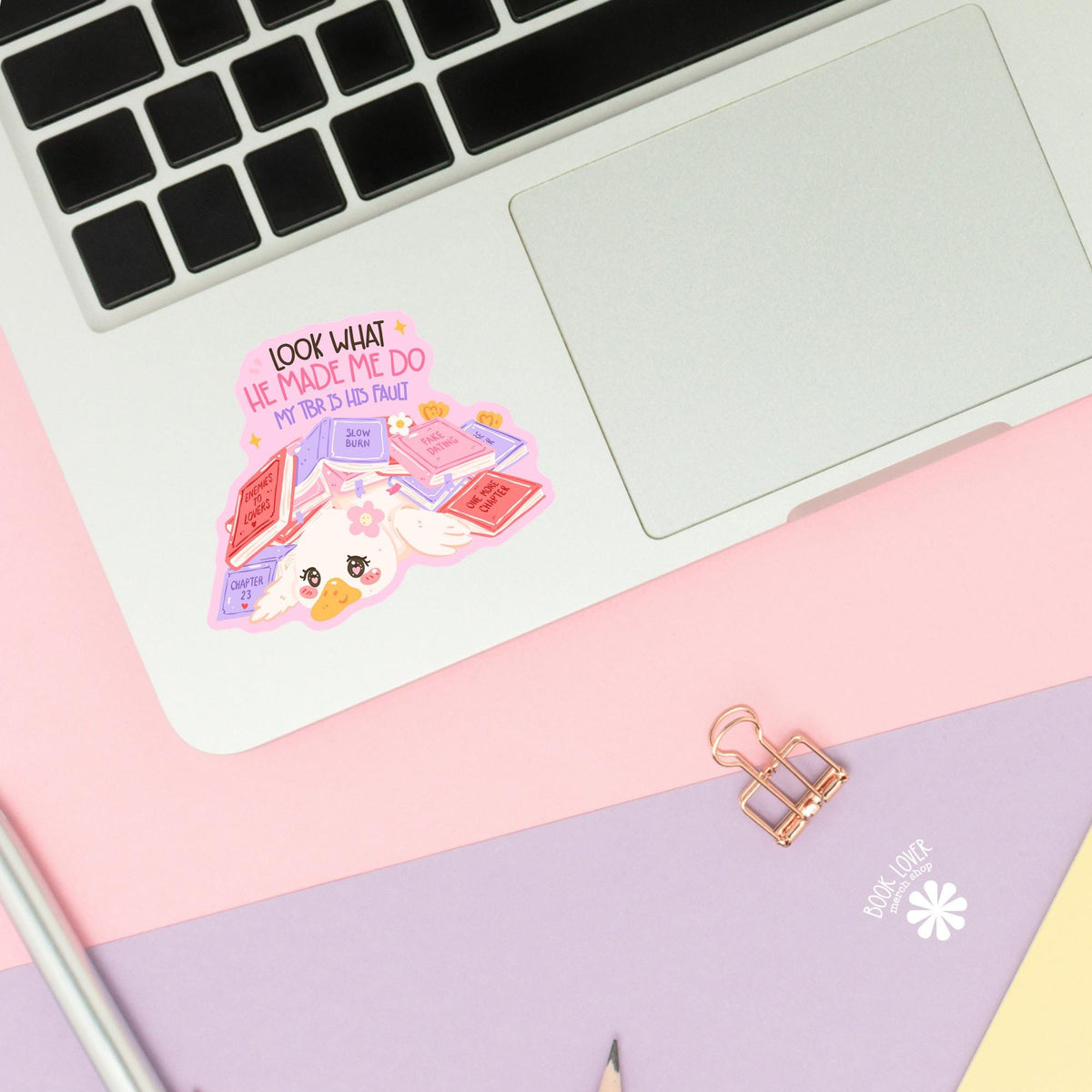 TBR Pile Duck sticker close up, matte finish, book lover vinyl decal