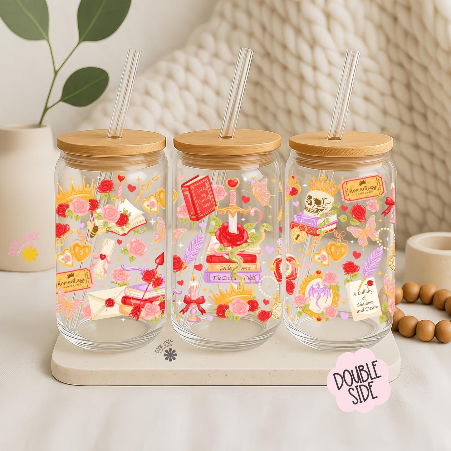 Romantasy Book Club 16 OZ Glass Can With Lid and Straw / Mug / Book Lover Gift / Bookish Merch Stickers / UV Dtf Libbey Wrap Transfert