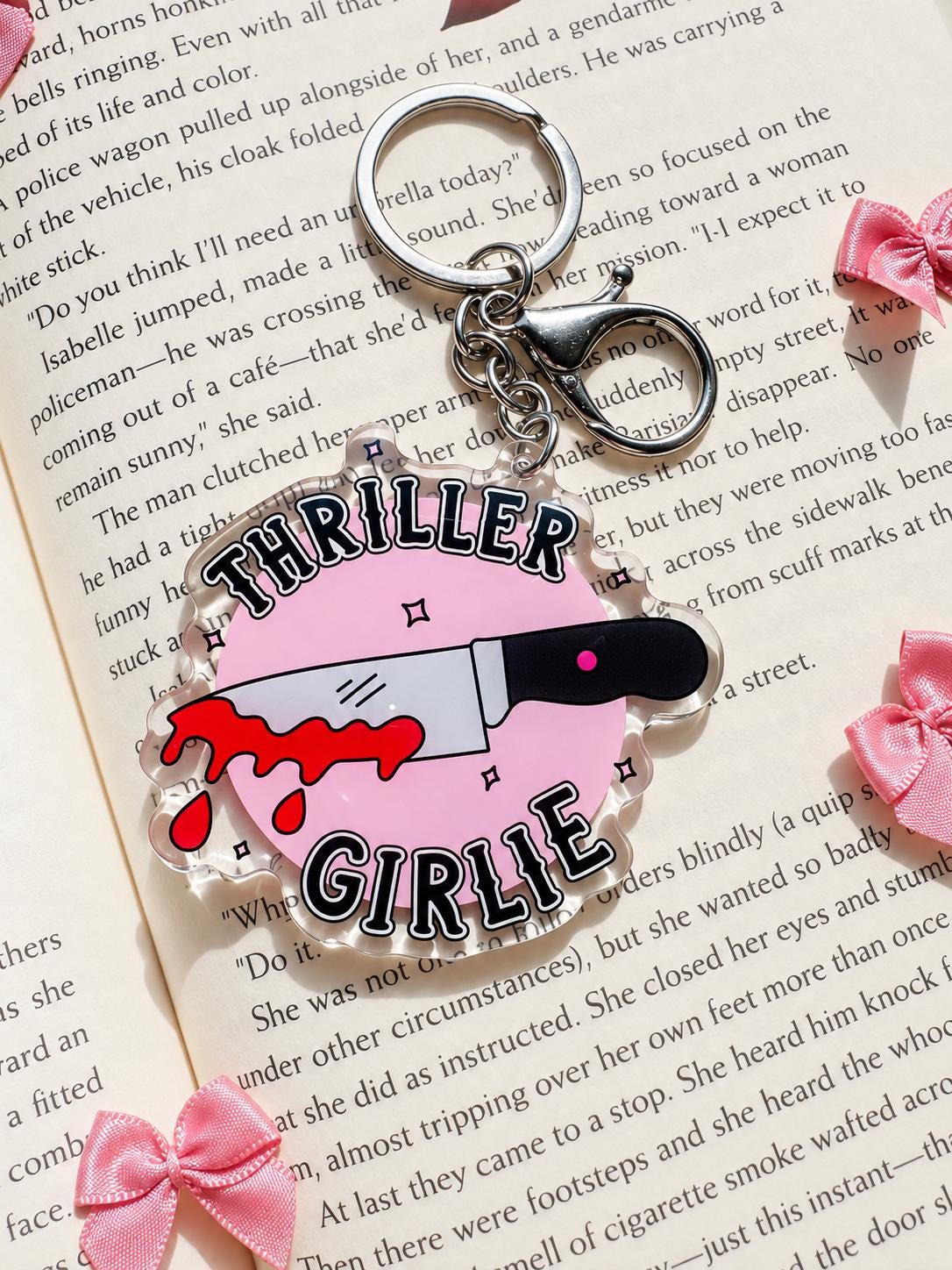 Thriller Girlie acrylic keychain, bookish bag charm, view 3