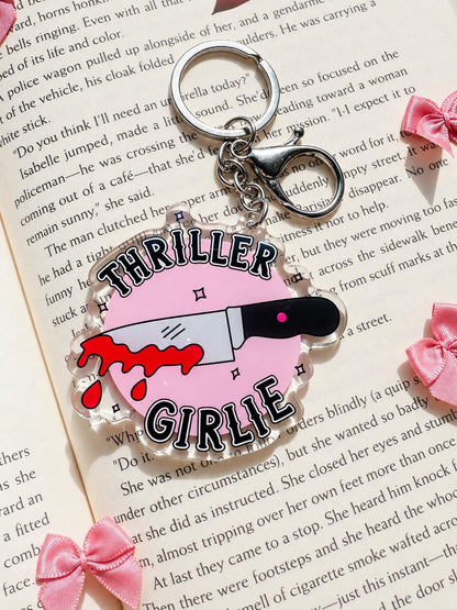 Thriller Girlie acrylic keychain, bookish bag charm, view 3
